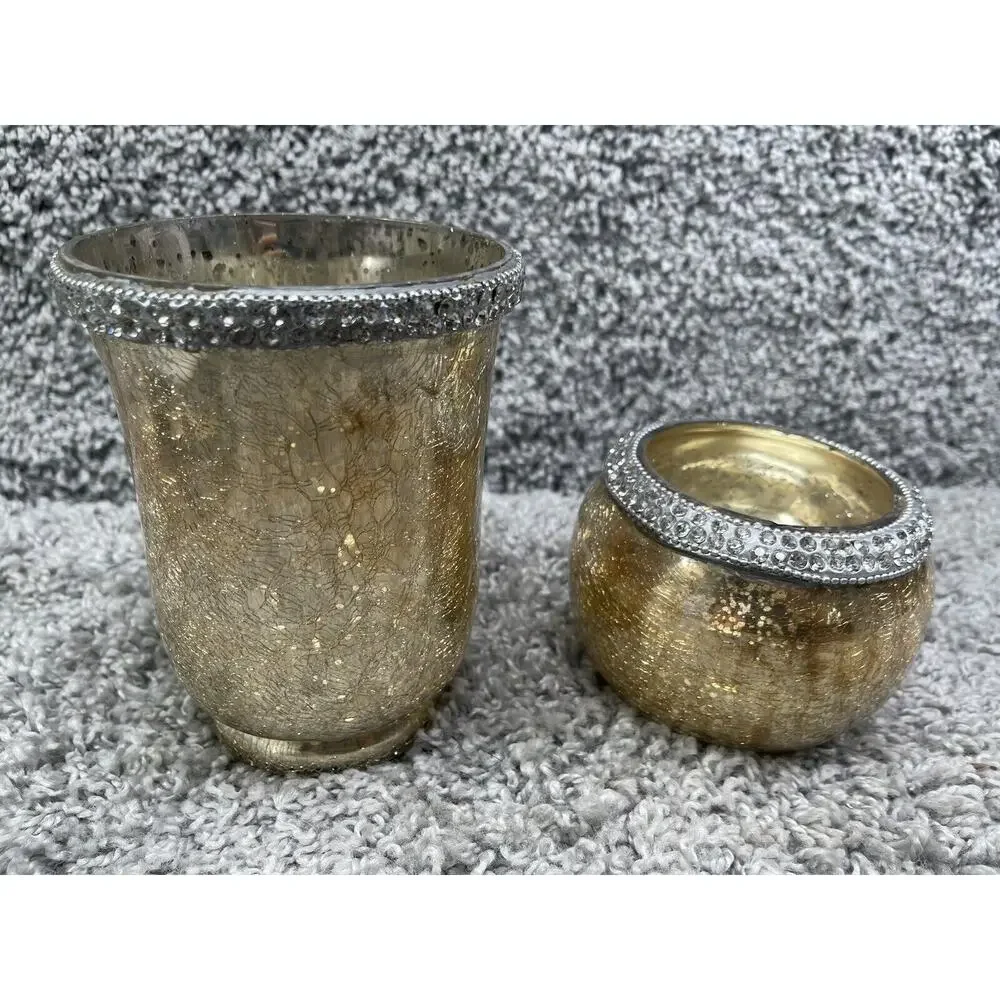 Crackle Gold Glass Tea Light Candle Holder Home Decoration Set Of 2